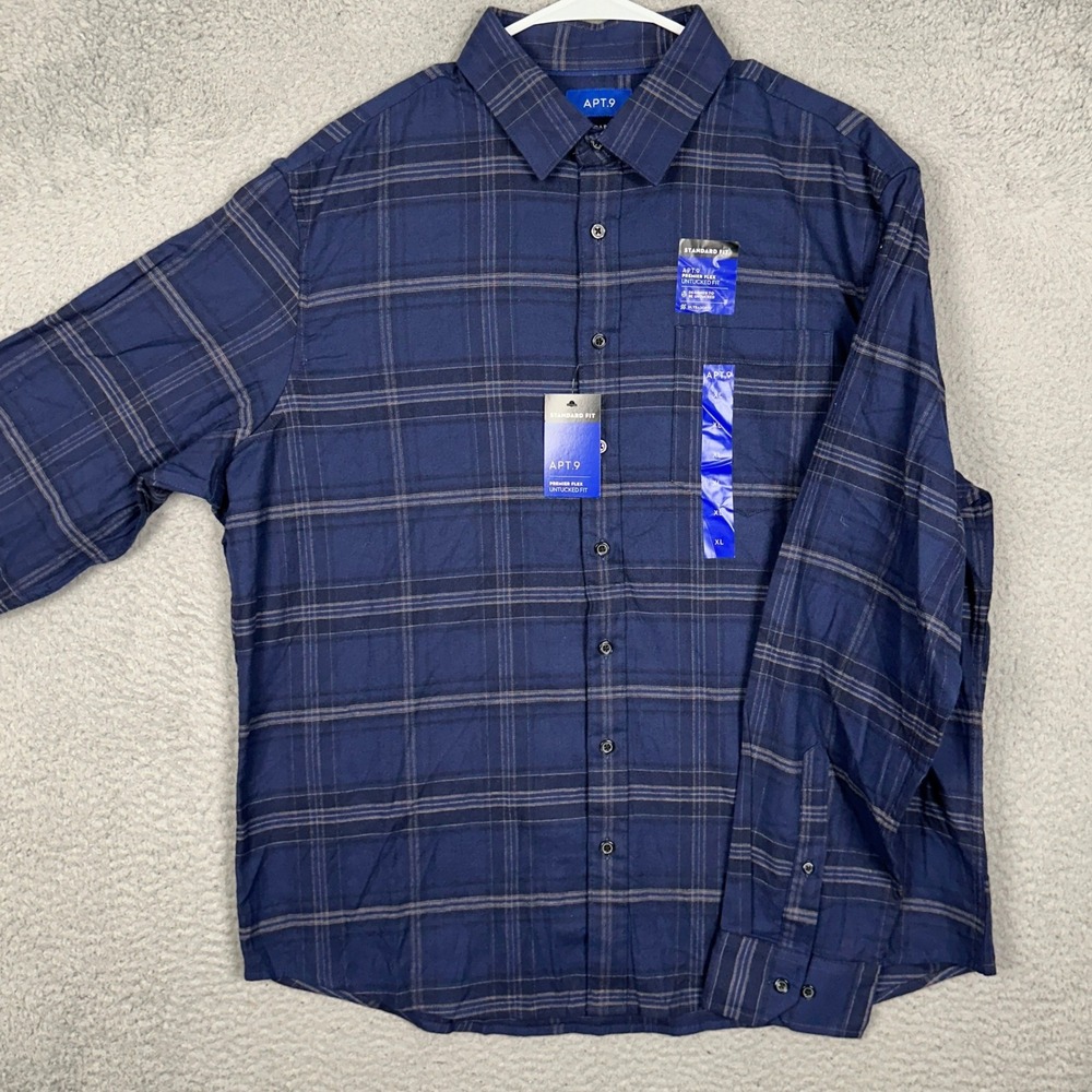 NEW Apt. 9 Shirt Mens XL Premier Flex Untucked Fit Navy Blue Plaid Button Down